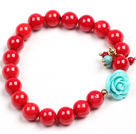 Wholesale Simple Style Single Strand Red Coral Beads Stretch/ Elastic Bracelet With Turquoise Flower Charm