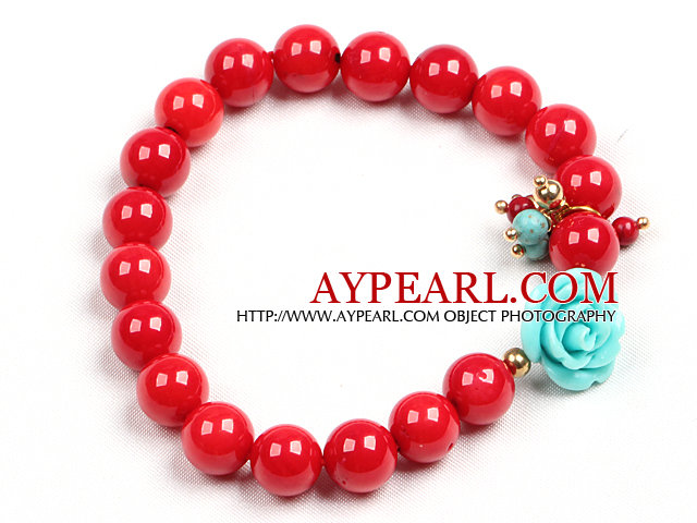 Simple Style Single Strand Red Coral Beads Stretch/ Elastic Bracelet With Turquoise Flower Charm