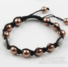 10mm Coffce Color Seashell and Rhinestone Woven Drawstring Bracelet with Adjustable Thread