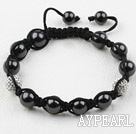 Black Seashell Beads and Rhinestone Ball Woven Drawstring Bracelet With Adjustable Thread
