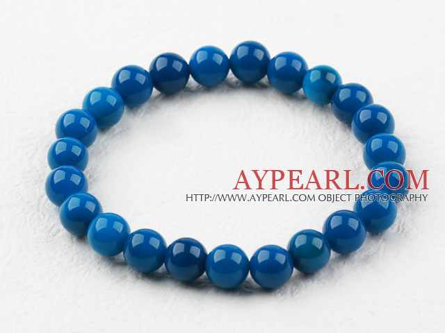 8mm Round Dark Blue Agate Elastic Beaded Bracelet