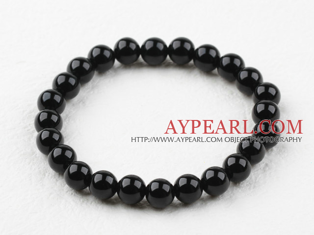 8mm Round Black Agate Elastic Beaded Bracelet