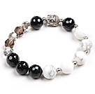 Simple Crystal Black Agete White Porcelian Stone Beads Stretch / Elastic Bracelet With Buddha Head Charm
