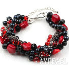 Wholesale New Design Multi Strand Black Pearl Crystal and Red Coral Bracelet