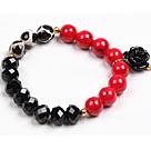Wholesale Simple Style Single Strand Black Crystal Red Blood Stone Hand-Painted Agate Beads Stretch/ Elastic Bracelet With Flower Charm
