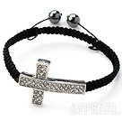 Wholesale Sideway/Side Way Two Row White Cross with White Rhinestone Woven Adjustable Drawstring Bracelet with Hematite Beads