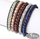 Fashion Style 5 pcs Single Strand Natural Round Gemstone Beaded Leather Bracelet