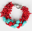 Wholesale Multi Strands Assorted Red Coral Branch and Oval Shape Turquoise Bracelet