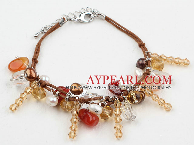 Brown Series Assorted Pearl Crystal and Agate Bracelet with Brown Thread