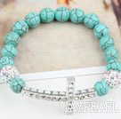 Wholesale White Rhinestone Sideway/Side Way Cross and Round Burst Pattern Turquoise Stretch Bracelet