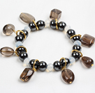 Wholesale Fashion Charm Style Tungsten Steel Stone Beads Elastic/ Stretch Bracelet With Smoky Quartz Charms