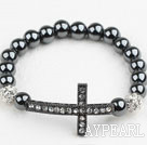 Black Rhinestone Sideway/Side Way Cross and Round Hematite Stretch Bracelet