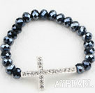 Wholesale White Rhinestone Sideway/Side Way Cross and Black Crystal Stretch Bracelet