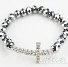 White Rhinestone Sideway/Side Way Cross and Silver Color Crystal Stretch Bracelet
