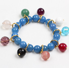 Fashion Charm Style Blue Agate Beads Elastic/ Stretch Bracelet With Multi Gemstone Bead Charms
