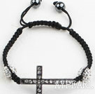 Wholesale Fashion Style Sideway/Side Way Black Rhinestone Cross Bracelet with Drawstring Adjustable Cord