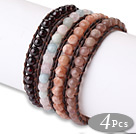 Fashion Style 4pcs Single Strand Natural Round Gemstsone Beaded Brown Leather Bracelet