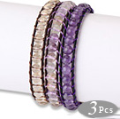 Fashion Style 3 pcs Single Strand Natural Round Crystal Beaded Leather Bracelet