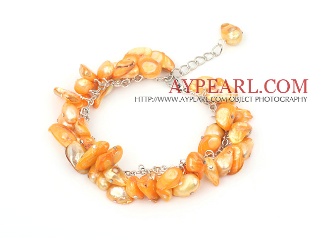 8-10mm dyed orange pearl bracelet with metal chain and lobster clasp