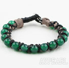 Fashion Style Leather and Round Green Agate Bracelet with Metal Clasp