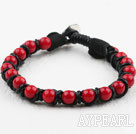 Wholesale Fashion Style Leather and Round Red Coral Bracelet with Metal Clasp