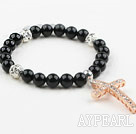Wholesale Round Black Agate and White Rhinestone Ball and Golden Color Cross Dangle Stretch Bangle Bracelet