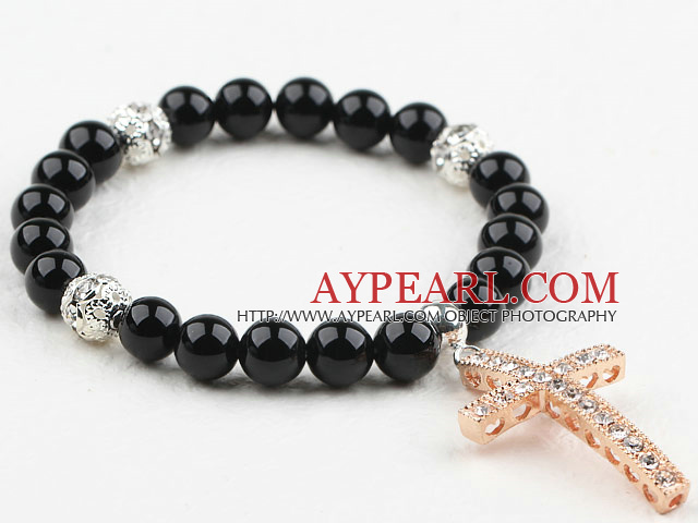 Round Black Agate and White Rhinestone Ball and Golden Color Cross Dangle Stretch Bangle Bracelet