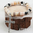 Disc Shape Shell and Black Agate and White Rhinestone Ball and White Cross Dangle Stretch Bangle Bracelet