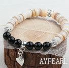 Disc Shape Shell and Black Agate and White Rhinestone Ball and Heart Accessory Stretch Bangle Bracelet