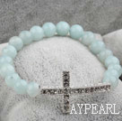 Wholesale White Rhinestone Sideway/Side Way Cross and Round Amazon Stone Stretch Bangle Bracelet