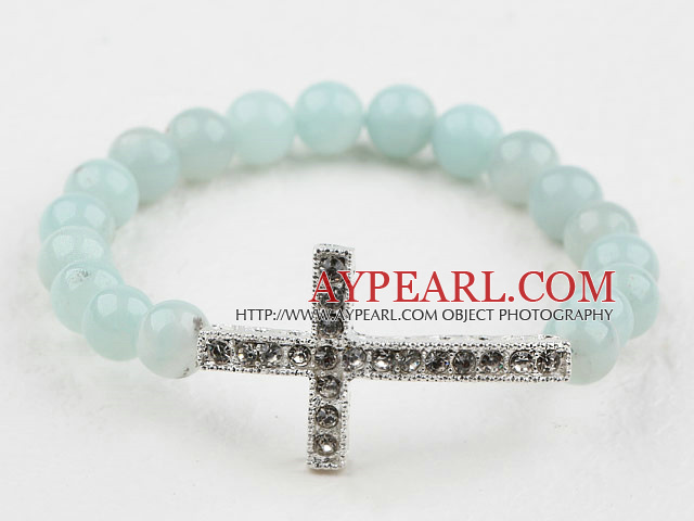 White Rhinestone Sideway/Side Way Cross and Round Amazon Stone Stretch Bangle Bracelet