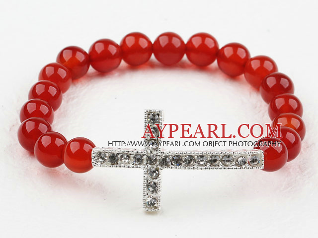 White Rhinestone Sideway/Side Way Cross and Round Red Carnelian Stretch Bangle Bracelet
