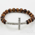 White Rhinestone Sideway/Side Way Cross and Round Tiger Eye Stretch Bangle Bracelet