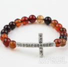 White Rhinestone Sideway/Side Way Cross and Round Dream Agate Stretch Bangle Bracelet