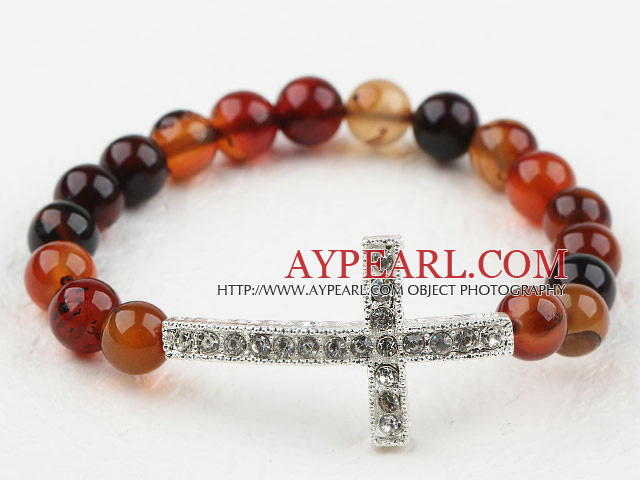 White Rhinestone Sideway/Side Way Cross and Round Dream Agate Stretch Bangle Bracelet