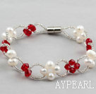 Fashion Style White Freshwater Pearl and Red Crystal Bracelet with Magnetic Clasp