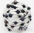 Black Freshwater Pearl and Clear Crystal Wrap Bangle Bracelet