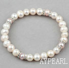 Classic Design Natural White and Purple Freshwater Pearl Elastic Bangle Bracelet with Rhinestone