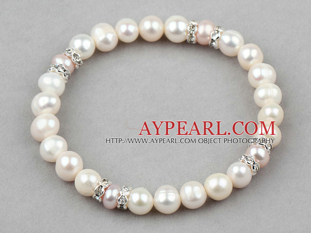 Classic Design Natural White and Purple Freshwater Pearl Elastic Bangle Bracelet with Rhinestone
