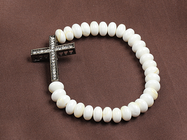 Classic Design White Sea Shell Beads Elastic/ Stretch Bracelet With Cross Charm