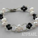 White Freshwater Pearl and Black Crystal Bracelet with Magnetic Clasp