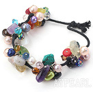 seven colored stone and pearl crystal bracelet with black cord