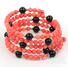 multi strand black agate and red coral bangle