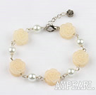 white manmade  pearl and yellow jade flower bracelet with extendable chain