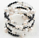 White Freshwater Pearl and Black Crystal Wrap Bangle