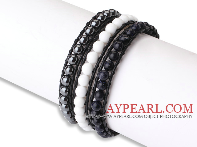 Fashion Style 3 pcs Single Strand Natural Gemstone Beaded Leather Bracelet(Hematite,Porcelain Stone and Blue Sandstone)