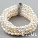 Multi Strands Natural White Freshwater Rice Shape Pearl Bangle Bracelet
