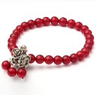Wholesale 6mm Round Red Coral Elastic Bangle Bracelet with Metal Rose Accessories