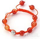 Wholesale Orange Series 10mm Round Natural Color Agate and White Rhinestone Beads Adjustable Drawstring Bracelet