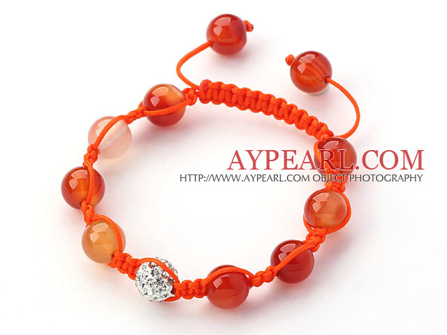 Orange Series 10mm Round Natural Color Agate and White Rhinestone Beads Adjustable Drawstring Bracelet